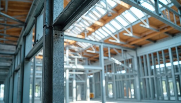 Building frame with steel studs and conduit. Interior structure with wood roof beams and skylights. Modern construction site with metal framework inside large unfinished space.