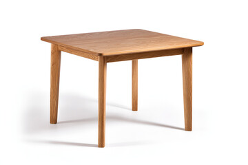 Fototapeta premium A square wooden table with four legs, seen from a three-quarter perspective, casting a shadow on a white backdrop