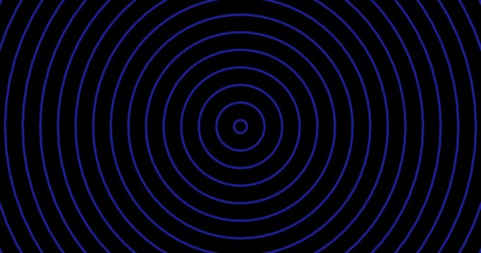Seamless looped Mesmerizing blue concentric circles endlessly expanding and contracting on a black background, creating a hypnotic and relaxing pulsating optical illusion with rhythmic wave propagatio