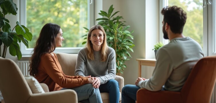 A couple sits with a therapist in a bright room. They talk about their relationship and feelings. The psychologist listens attentively and offers guidance for their personal growth.