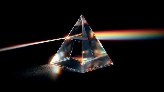 A transparent, triangular prism refracts light, splitting a white beam into a vibrant rainbow spectrum against a dark background