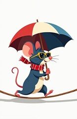 Naklejka premium Cartoon mouse with sunglasses and scarf walks on tightrope holding umbrella. Cute animal balances on thin rope with colorful parasol. Rodent is playful and brave.