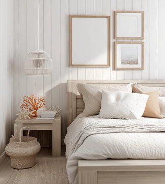 a mockup of an a4 frame on the bed in a boho bedroom, with light beige linen and wooden accents, with a window showing natural lighting and a rug below, with a wooden screen next to it, minimalistic a