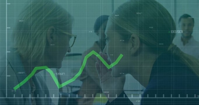 Animation of statistical data processing over woman whispering into the ear of another woman