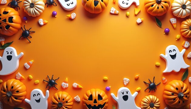 Orange background with cute pumpkins spiders and happy ghosts. Candy corn and small yellow candies surround the festive Halloween scene. Autumn holiday celebration graphic for kids.