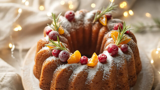 A rustic cranberry and orange wreath cake. Dusted with sparkling pearl dust and powdered sugar, like fresh snow, it's topped with candied rosemary sprigs, fresh cranberries, and caramelized orange sli