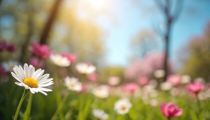 Fototapeta premium Soft focus meadow with white daisy and pink blossoms. Sunlight shines through green trees onto blue sky. Nature wakes up during spring morning.