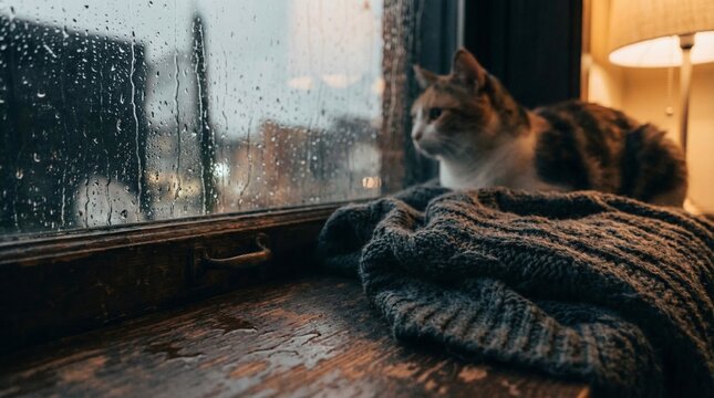 A cat sitting on a windowsill, looking out through the glass at a rainy or blurred day.