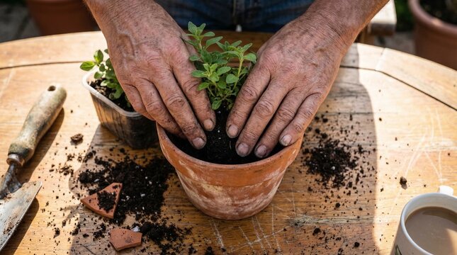 Hands planting a small green plant into a terra cotta pot filled with dark soil.