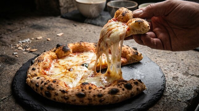 A dramatic shot of a slice of pizza being lifted, showing long strands of melted cheese.