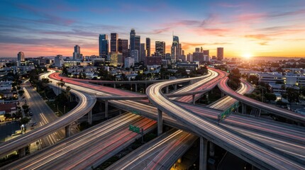 Obraz premium Urban Sunset Over Los Angeles with Busy Highways and Skyline