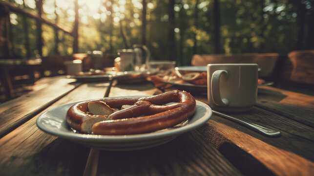 weisswurst. Beer garden table at dawn with weisswurst and pretzel on a white plate. bar promotions, beverage menus, designed for product packaging and bar promotions.