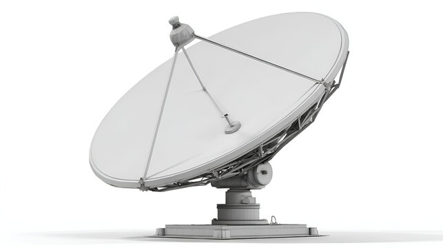 Monochrome depiction of a large parabolic antenna angled towards the upper right, isolated on a white backdrop