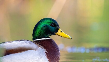 Obraz premium Emerald head glides through calm waters.