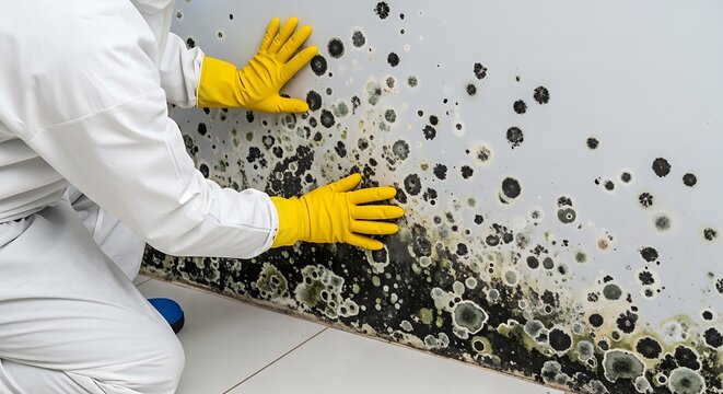 Person in white protective suit scrubbing black mold from wall