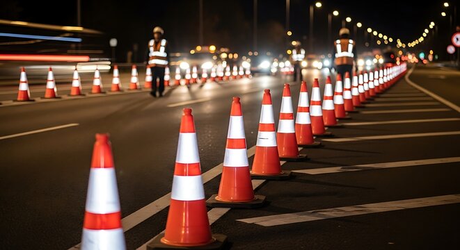Nighttime road construction zone with orange and white traffic cones and workers