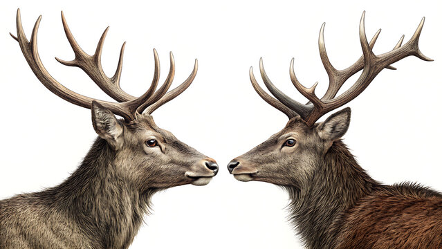 Two majestic red deer stags with large branching antlers facing each other in a profile portrait illustration