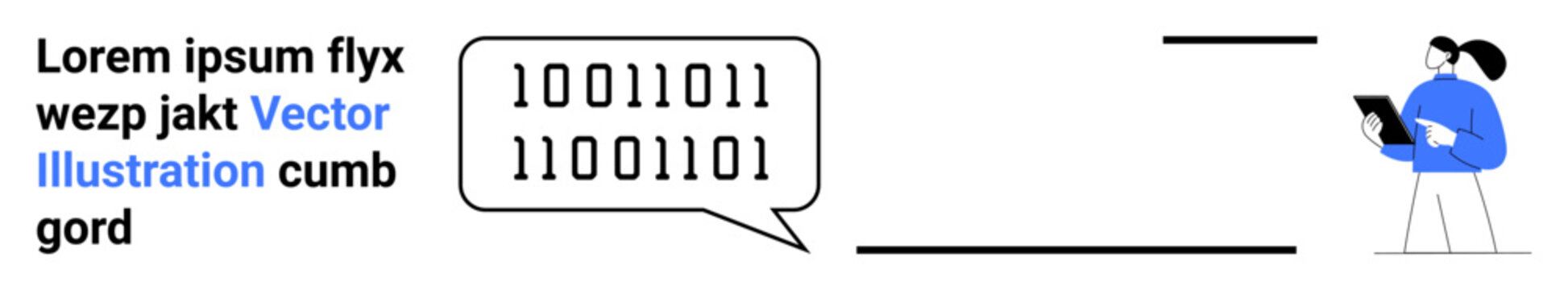 Technology, coding, software development, programming languages, digital communication, information systems. Person with a tablet near binary code speech bubble. Technology and coding concept