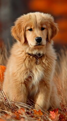 Fototapeta premium Golden retriever puppy sits in tall grass during fall season with colorful leaves around
