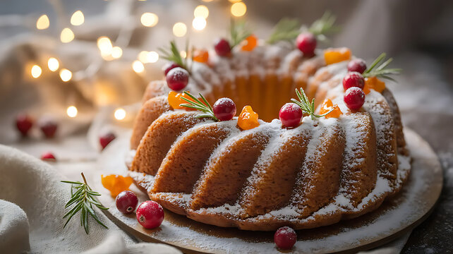 A rustic cranberry and orange wreath cake. Dusted with sparkling pearl dust and powdered sugar, like fresh snow, it's topped with candied rosemary sprigs, fresh cranberries, and caramelized orange sli