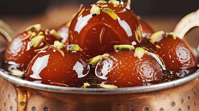 Gulab Jamun with Sugar Syrup Pour in Slow Motion