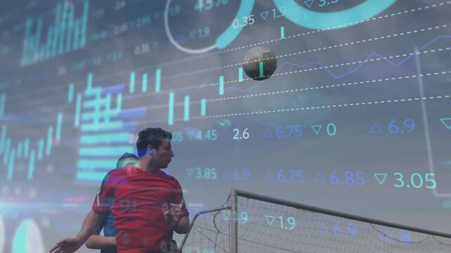 Soccer players tracking incoming ball and jumping to head under finance candlestick overlays