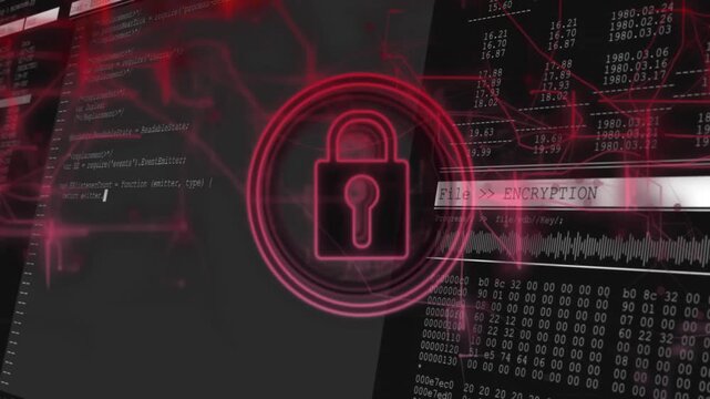 Canvas fading into padlock while red lines linking code and data panels showing encryption finish
