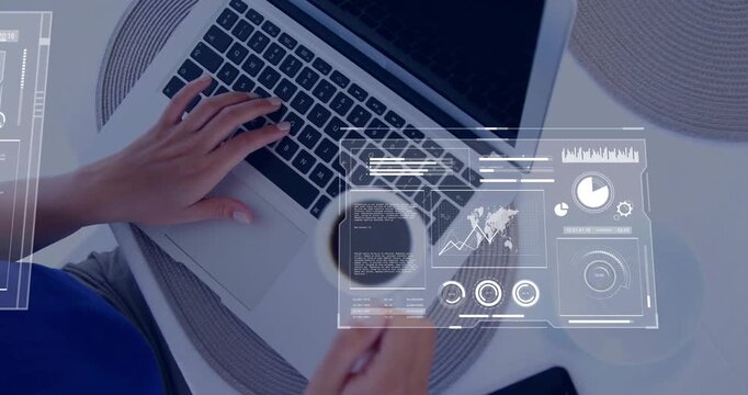 Woman typing on laptop in tech hub, sipping coffee as data dashboards sliding above keyboard