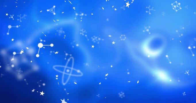 Sequence starting, white stars and atom icons drifting, rotating, brightening into denser nebula