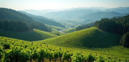 Naklejka premium Green vineyard hills curve along valley road. Forested mountains create layered background. Soft early morning light adds gentle contrast to rural landscape.