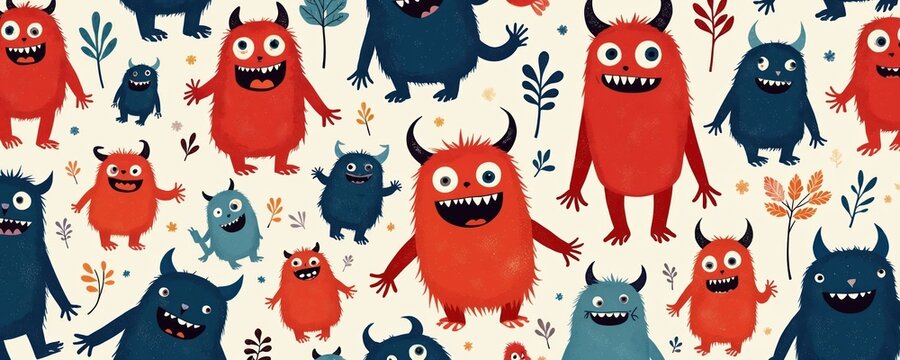 Seamless pattern features playful red and blue monsters with horns and wide smiles. Quirky cartoon characters in kids textile design. Ideal for children clothes.