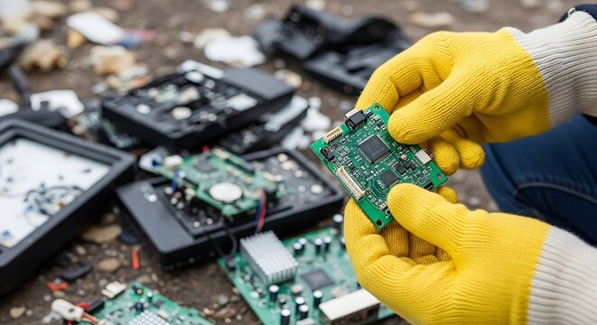 Hands in yellow gloves holding green circuit board among electronic waste