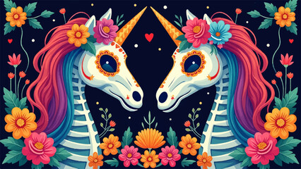 Obraz premium Two unicorns with colorful manes and flowers on a dark background with hearts and stars