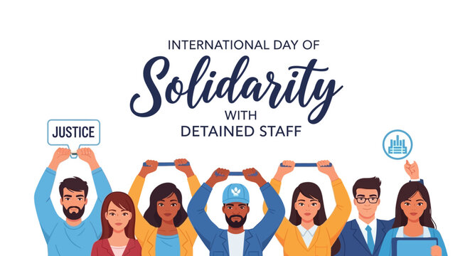 Illustration of diverse people holding signs supporting International Day of Solidarity with Detained and Missing Staff in a colorful, flat design.