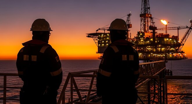 Two oil rig workers at sunset on offshore platform with burning flare
