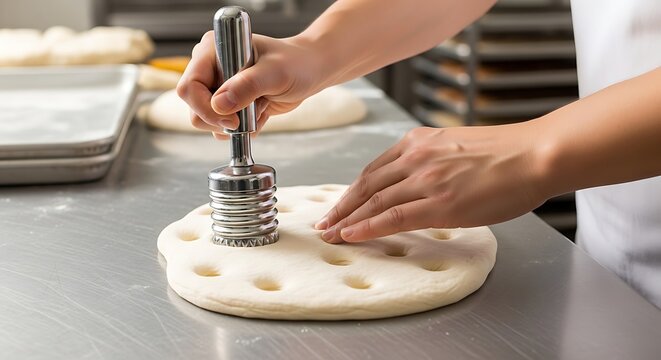 Hands using a dough docker on rolled out dough in a bakery
