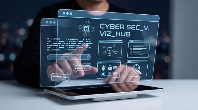 Cyber security visualization hub interface on digital tablet, professional user managing network safety and data protection, futuristic cybersecurity technology concept, night office