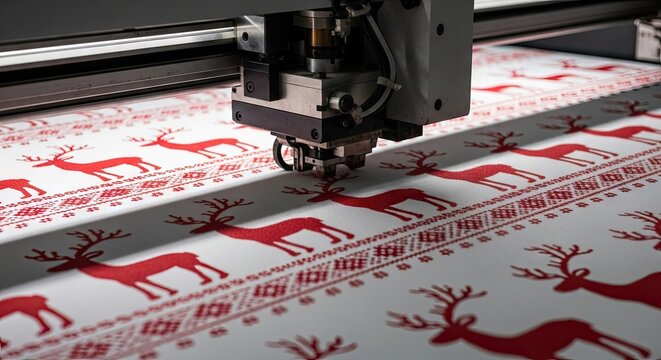 Precision Cutting Machine Working on Festive Red Deer Pattern Holiday Fabric Production