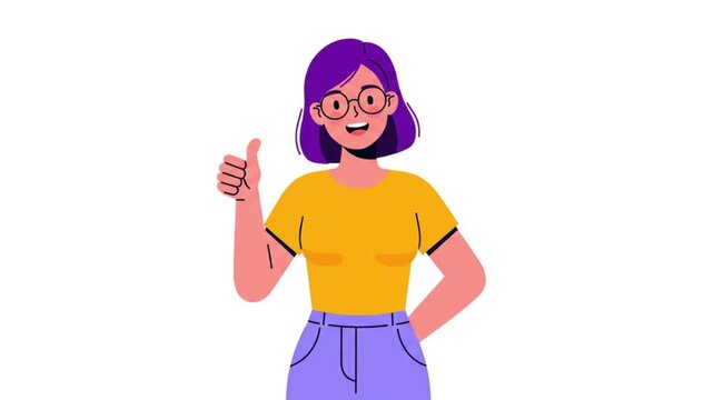 2D Flat Cartoon Animation Of A Happy Young Woman With Purple Hair And Glasses Smiling And Showing Thumbs Up Gesture