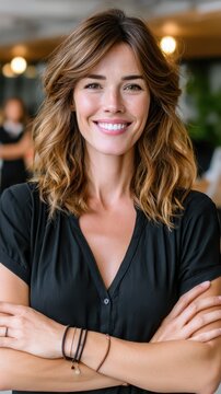A woman stands confidently in a bright office space with her arms crossed. She has wavy hair and gives a warm smile. Other people work in the background