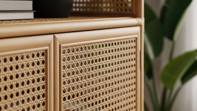 Close-up of a light-wood cabinet with woven cane doors and shelves, books, and plants in the background