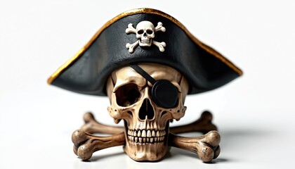 Fototapeta premium Skull wearing pirate captain hat and eye patch with crossed bones. Symbol of death and danger for Halloween or parties. A spooky decoration.