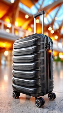 A black suitcase is placed on the floor of an airport terminal. The area is busy with travelers moving around. Warm lights above create a lively atmosphere during the evening