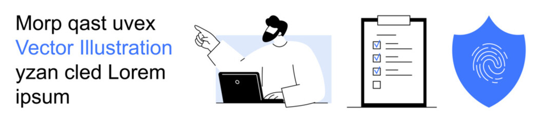 Cybersecurity, data privacy, digital authentication, identity protection, workflow management, information security. Person with laptop, checklist shield with fingerprint. Cybersecurity and data © robu_s