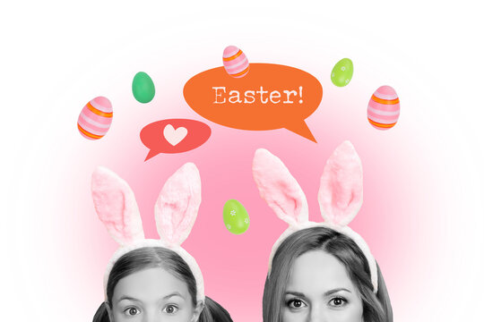 Collage young happy excited woman small girl daughter mother peek hide spy rabbit ears cute costume easter celebration greeting textbox