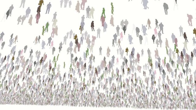 Abstract animation of countless people silhouettes moving dynamically on a white background, creating an illusion of a vibrant crowd