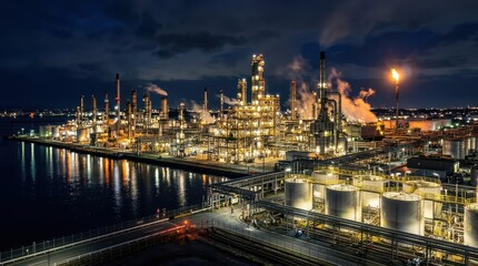 Obraz premium Industrial Complex at Night with Bright Lights and Smoke Emissions