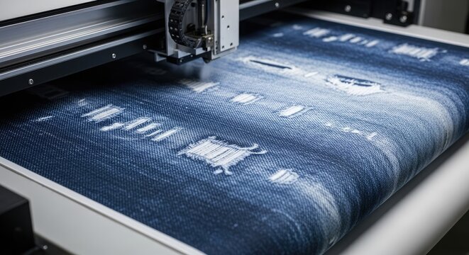 Precision Digital Fabric Printing Technology Creating Stylish Distressed Blue Denim Textile Pattern