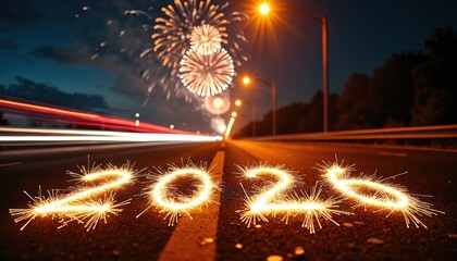 Naklejka premium New Year 2026 is celebrated with sparklers on dark road. Fireworks light up the night sky. Car light streaks suggest travel and journey into future.