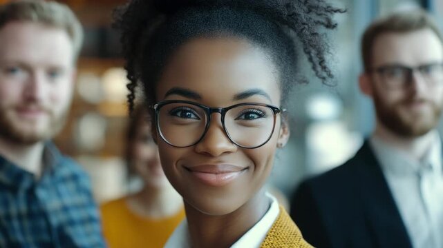 Professional woman smiling at office team meeting, diverse group of colleagues in modern setting.